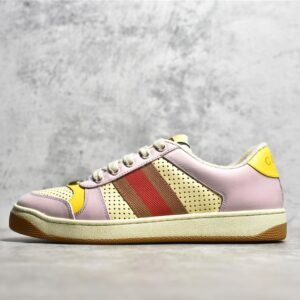 GUCCI ACE EMBROIDERED LOW-TOP SNEAKERS LIGHT PINK/BROWN/YELLOW-RED
