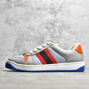 GUCCI ACE EMBROIDERED LOW-TOP SNEAKERS LIGHT GREY/ORANGE/GREEN-WHITE