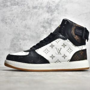 LOUIS VUITTON (LV) HIGH RIVOLI SNEAKER WHITE/BLACK/DARK BROWN-LIGHT GREY